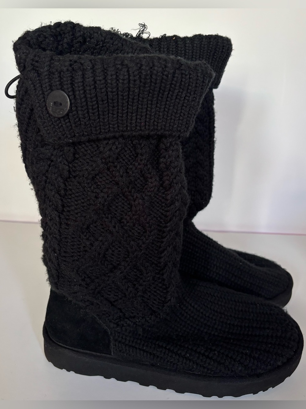 UGG Black Cable Knit Tall Boots Women’s Size 7 Button Zip